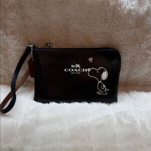 Coach Black Leather Snoopy Wristlet with Heart Detail